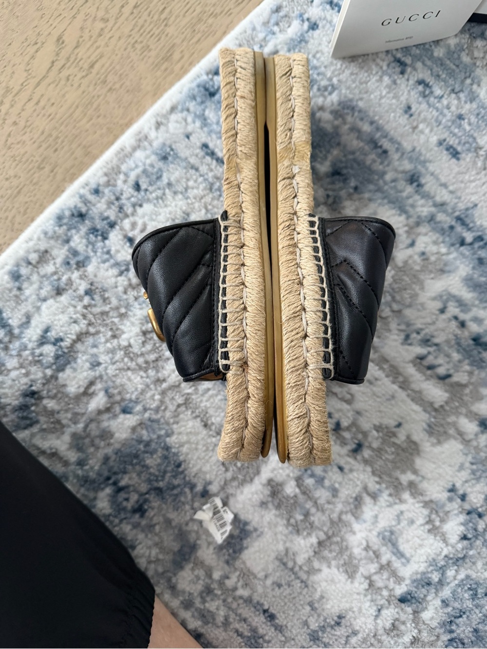 Gucci Black Quilted Leather GG Espadrille Slides with Gold Hardware - Picture 6 of 9